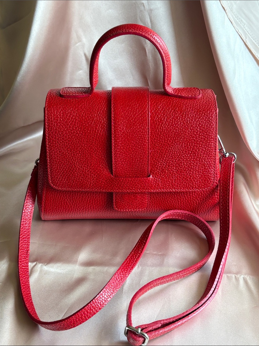 Vera Pelle Red Leather Satchel with Top Handle and Crossbody Strap made in Italy